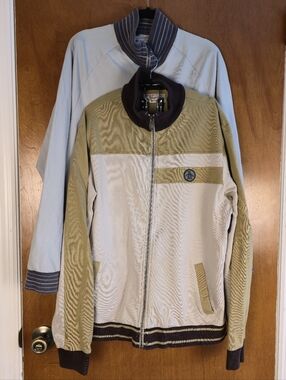 2x Penguin Warmup Jacket L Brown Cotton Grey Full Zip EuC YGI R1-39